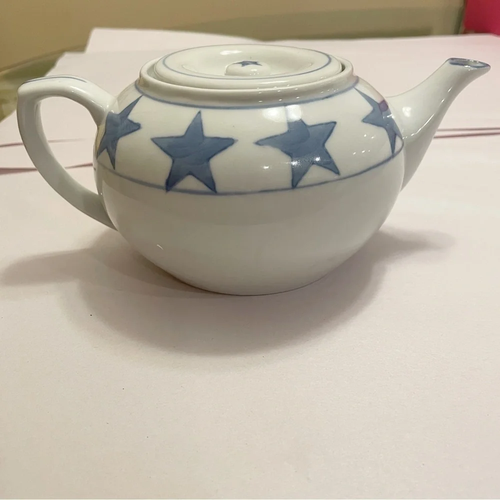 White & Blue Stars Pier 1 Stoneware Teapot